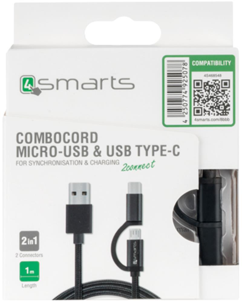 4smarts Micro-USB & USB Typ-C Kabel ComboCord 1m textil schwarz