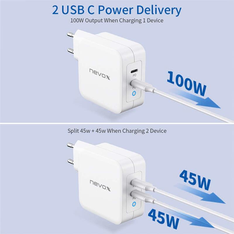 nevox 100W DUAL - USB - C Power Delivery (PD) Ladegerät GaN, Weiss