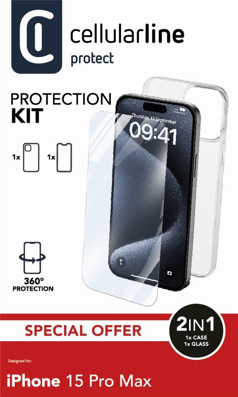 Cellularline Protection Kit für Apple iPhone 15 Pro Max Clear