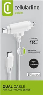 Cellularline Dual Power Data Cable 1,5 m USB Typ-C/ Typ-C/ Lightning White